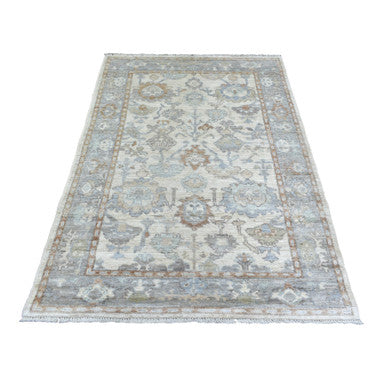Oushak And Peshawar Wool Hand Knotted Rug Ivory Gray 4.0X5.10 -O071879