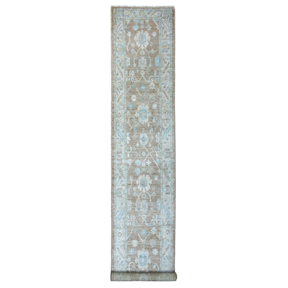 Oushak And Peshawar Wool Hand Knotted Rug Brown Light Blue 2.10X17.1 -O071880