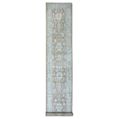 Oushak And Peshawar Wool Hand Knotted Rug Brown Light Blue 2.10X17.1 -O071880