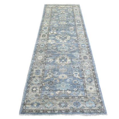 Oushak And Peshawar Wool Hand Knotted Rug Blue Gray 3.0X9.9 -O071890