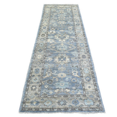 Oushak And Peshawar Wool Hand Knotted Rug Blue Gray 3.0X9.9 -O071890