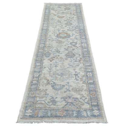 Oushak And Peshawar Wool Hand Knotted Rug Ivory Blue  2.10X9.5 -O071891