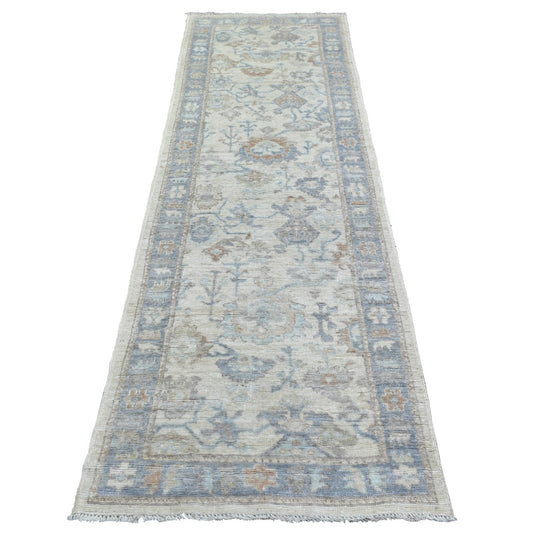 Oushak And Peshawar Wool Hand Knotted Rug Ivory Blue  2.10X9.5 -O071891