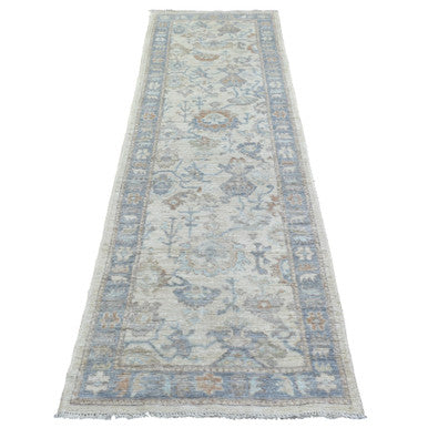 Oushak And Peshawar Wool Hand Knotted Rug Ivory Blue  2.10X9.5 -O071891