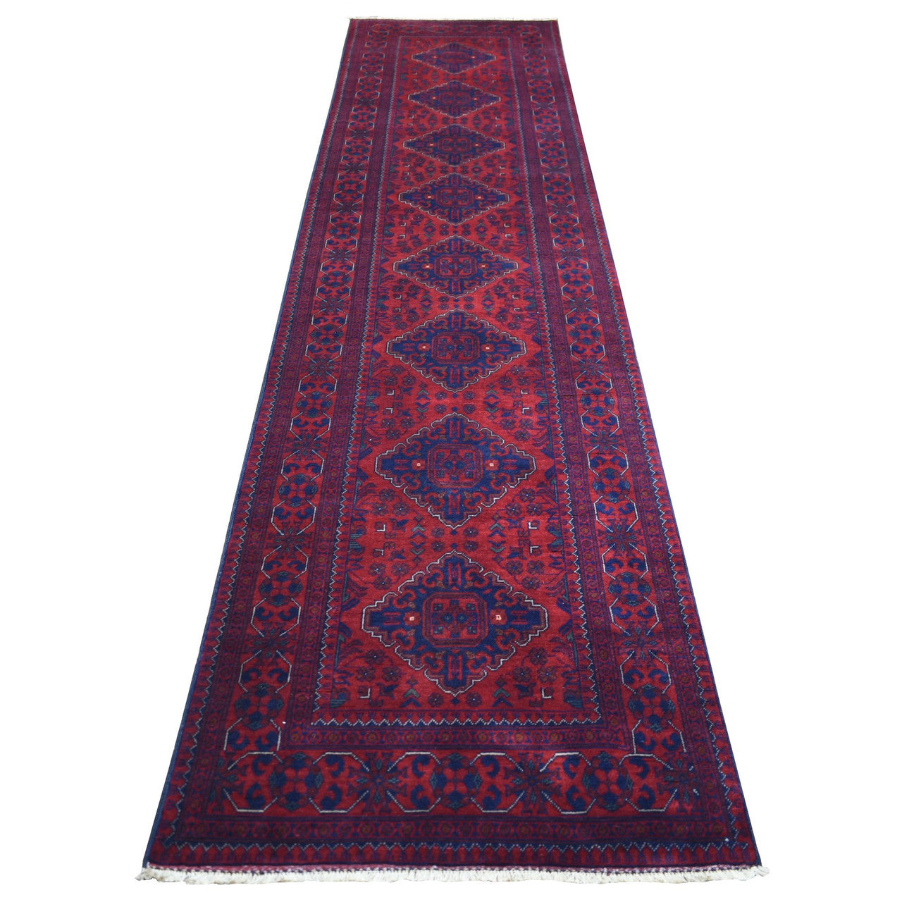 Red 2'10" x 12'6" Tribal & Geometric Hand knotted Wool Rug - Sku: O071897