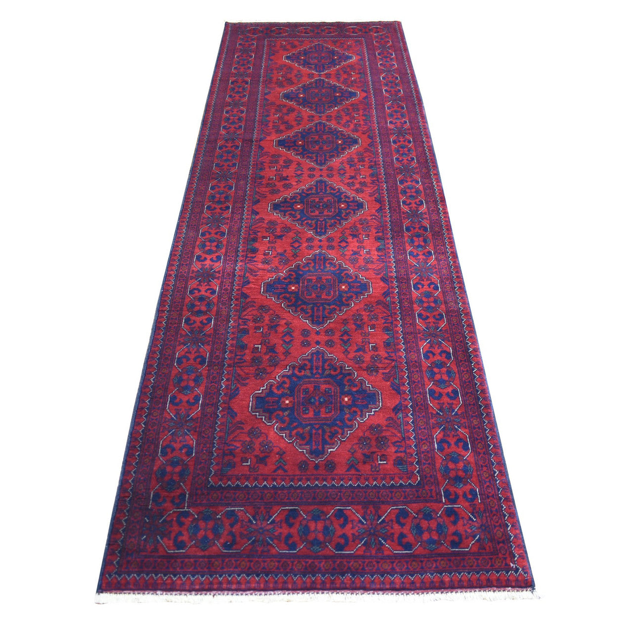 Red 3'0" x 9'7" Tribal & Geometric Hand knotted Wool Rug - Sku: O071901
