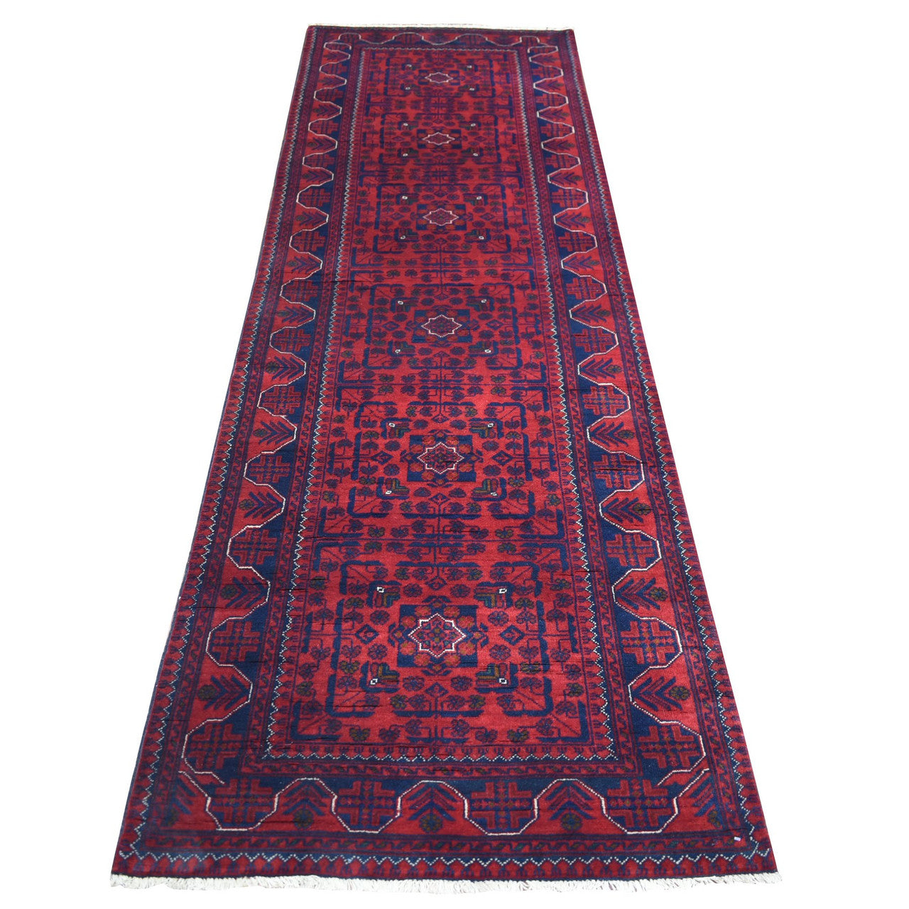Red 2'10" x 9'4" Tribal & Geometric Hand knotted Wool Rug - Sku: O071903
