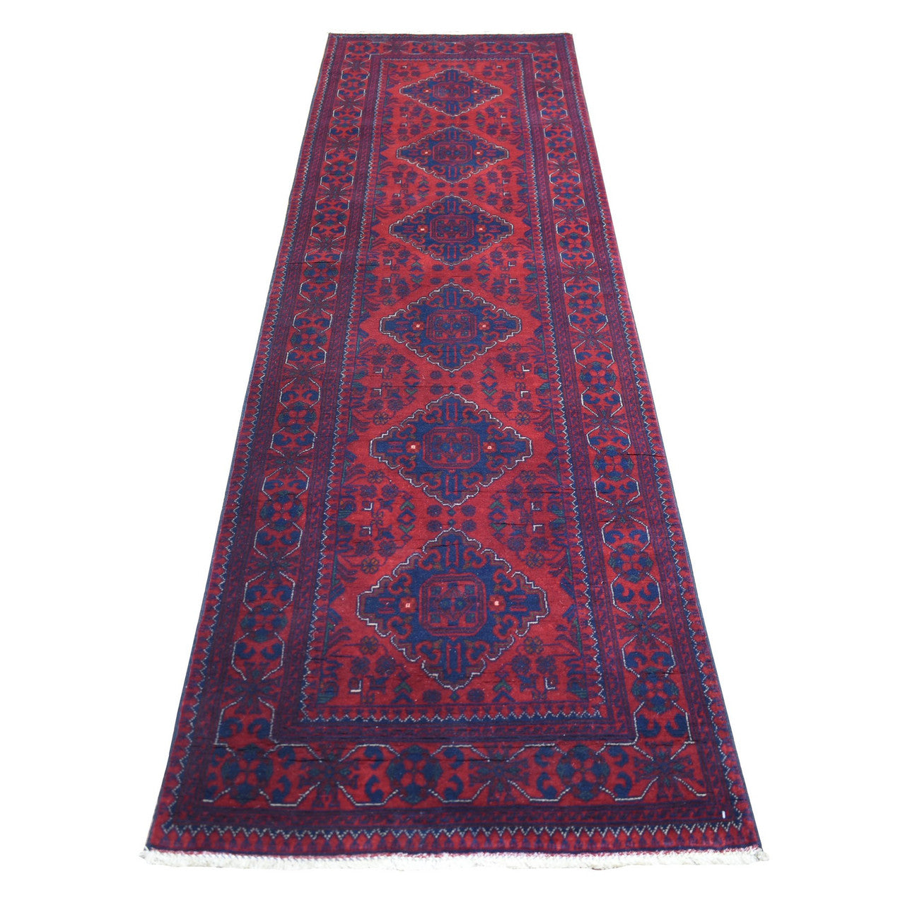 Red 2'9" x 9'7" Tribal & Geometric Hand knotted Wool Rug - Sku: O071904