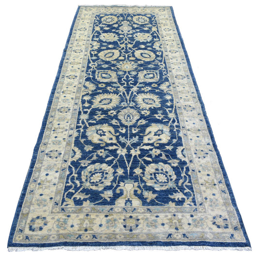 Oushak And Peshawar Wool Hand Knotted Rug Blue Ivory 4.0X10.3 -O071950
