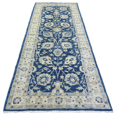Oushak And Peshawar Wool Hand Knotted Rug Blue Ivory 4.0X10.3 -O071950