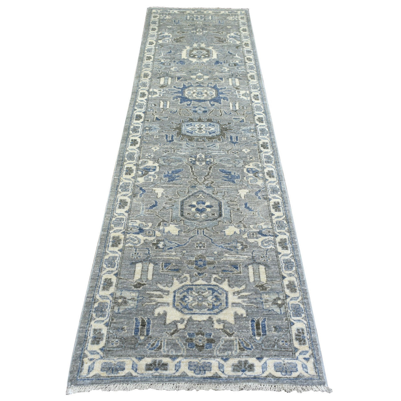 Gray 2'6" x 9'9" Oushak And Peshawar Hand knotted Wool Rug - Sku: O071952