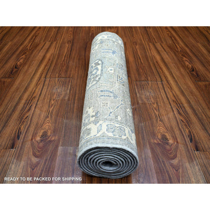 Oushak And Peshawar Wool Hand Knotted Rug Grey Ivory 2.6X9.9 -O071952