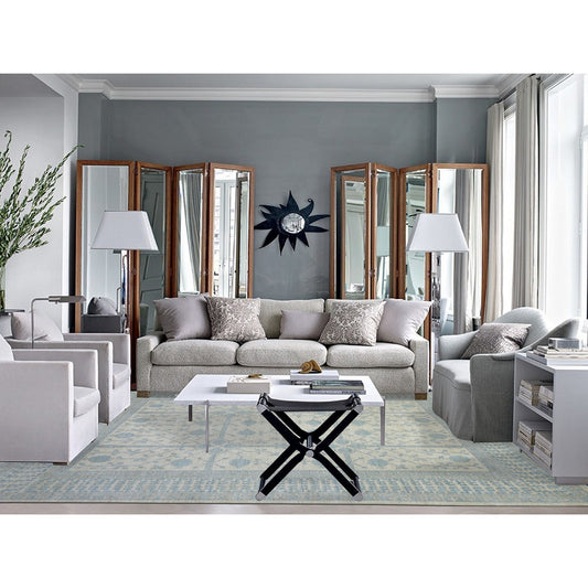 Oushak And Peshawar Wool Hand Knotted Rug Ivory Blue 9.0X11.0 -O071964