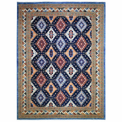 Tribal & Geometric Wool Hand Knotted Rug Blue Ivory 9.2X11.10 -O071990