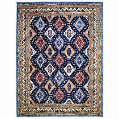Tribal & Geometric Wool Hand Knotted Rug Blue Ivory 9.2X11.10 -O071990