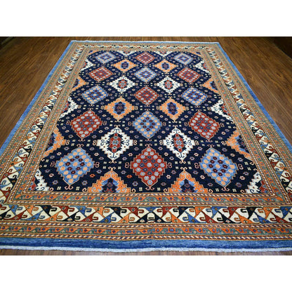 Tribal & Geometric Wool Hand Knotted Rug Blue Ivory 9.2X11.10 -O071990