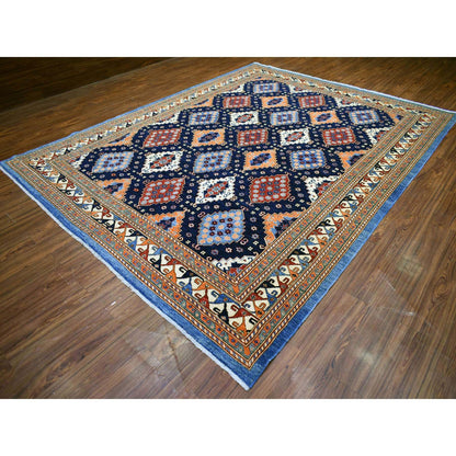 Tribal & Geometric Wool Hand Knotted Rug Blue Ivory 9.2X11.10 -O071990