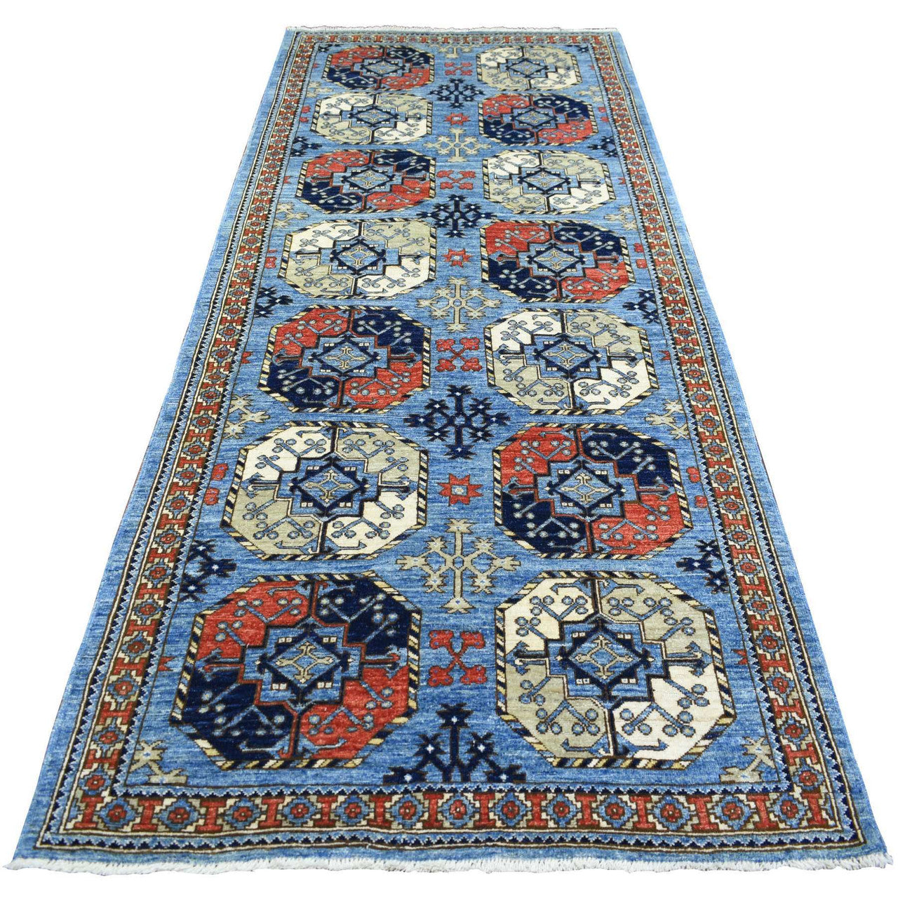 Blue 4'6" x 10'0" Tribal & Geometric Hand knotted Wool Rug - Sku: O071992