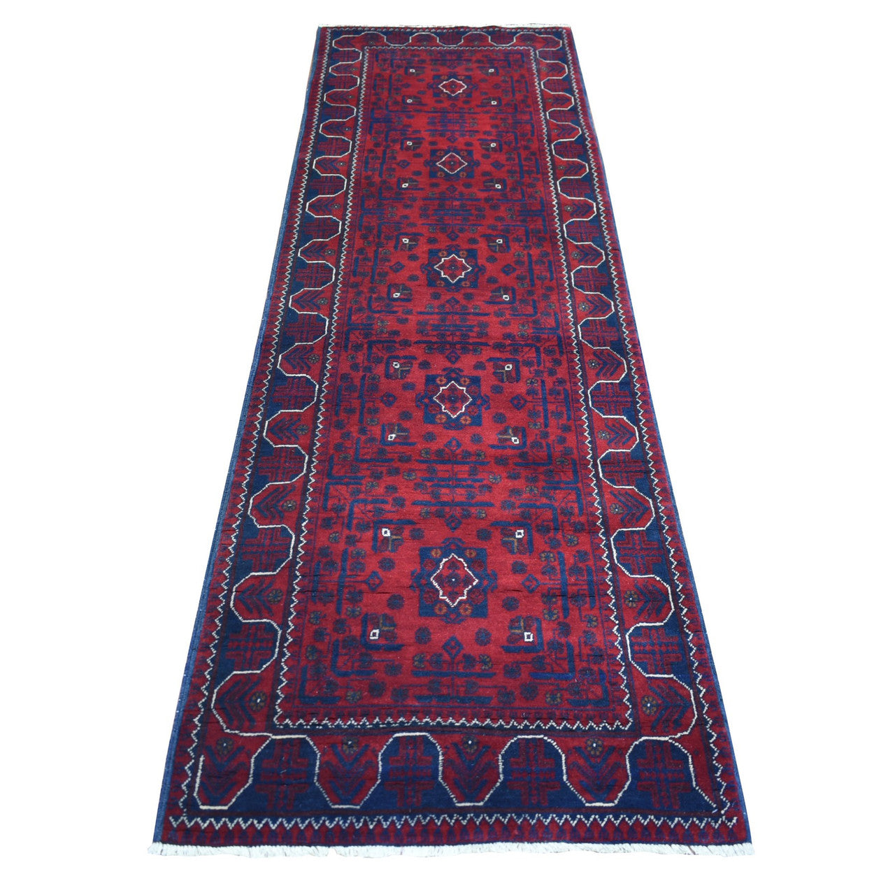 Red 2'8" x 9'0" Tribal & Geometric Hand knotted Wool Rug - Sku: O072017
