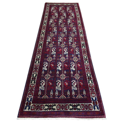 Tribal & Geometric Wool Hand Knotted Rug Red Ivory 2.10X10.0 -O072021