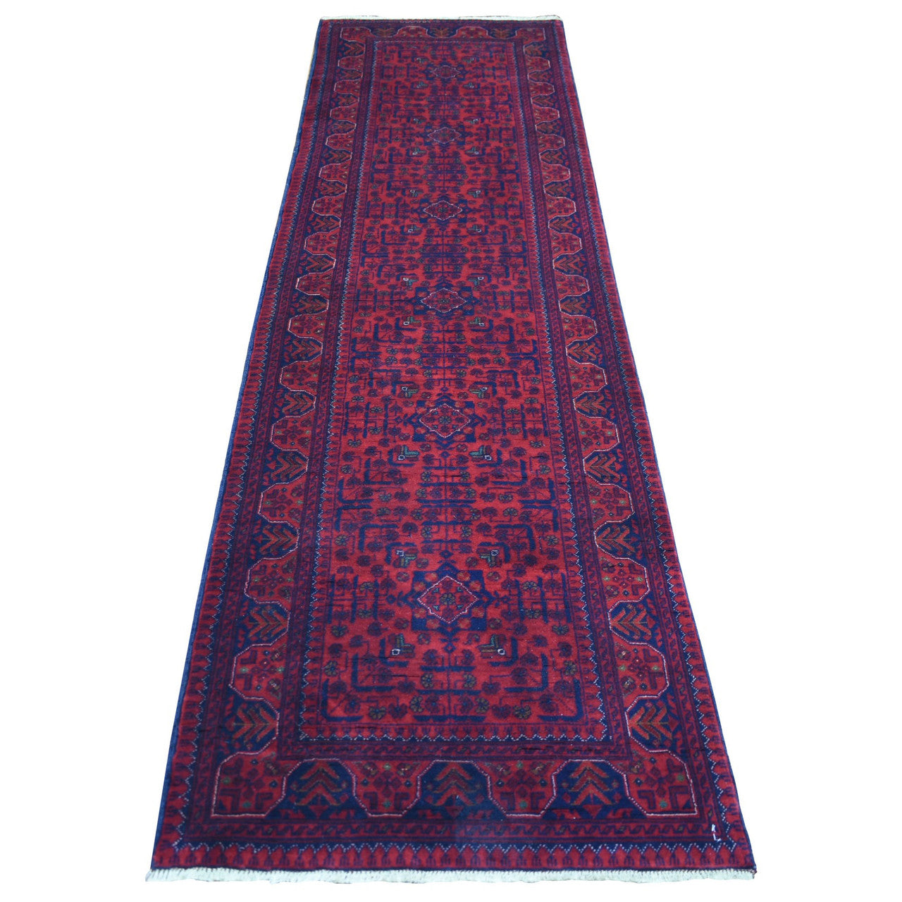 Red 2'8" x 9'8" Tribal & Geometric Hand knotted Wool Rug - Sku: O072022