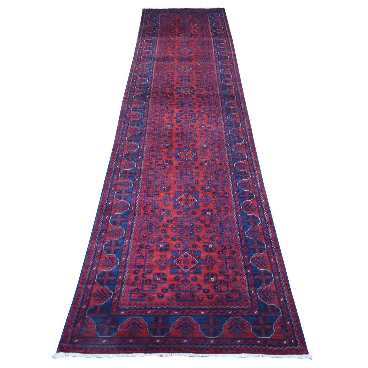Red 2'10" x 12'8" Tribal & Geometric Hand knotted Wool Rug - Sku: O072023