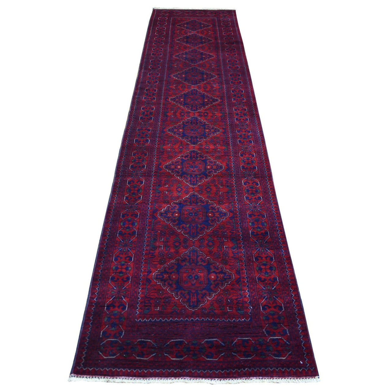 Red 2'9" x 13'2" Tribal & Geometric Hand knotted Wool Rug - Sku: O072031