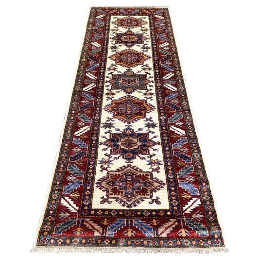 Kazak Wool Hand Knotted Rug Ivory Coral Red 2.9X8.6 -O072053