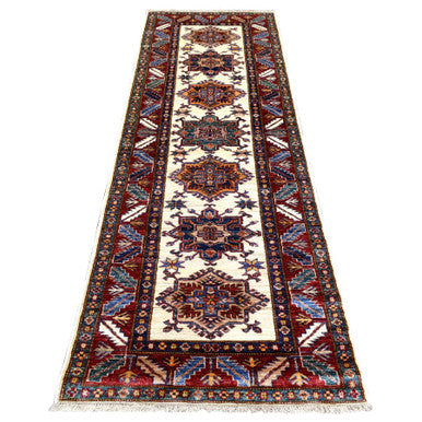 Kazak Wool Hand Knotted Rug Ivory Coral Red 2.9X8.6 -O072053