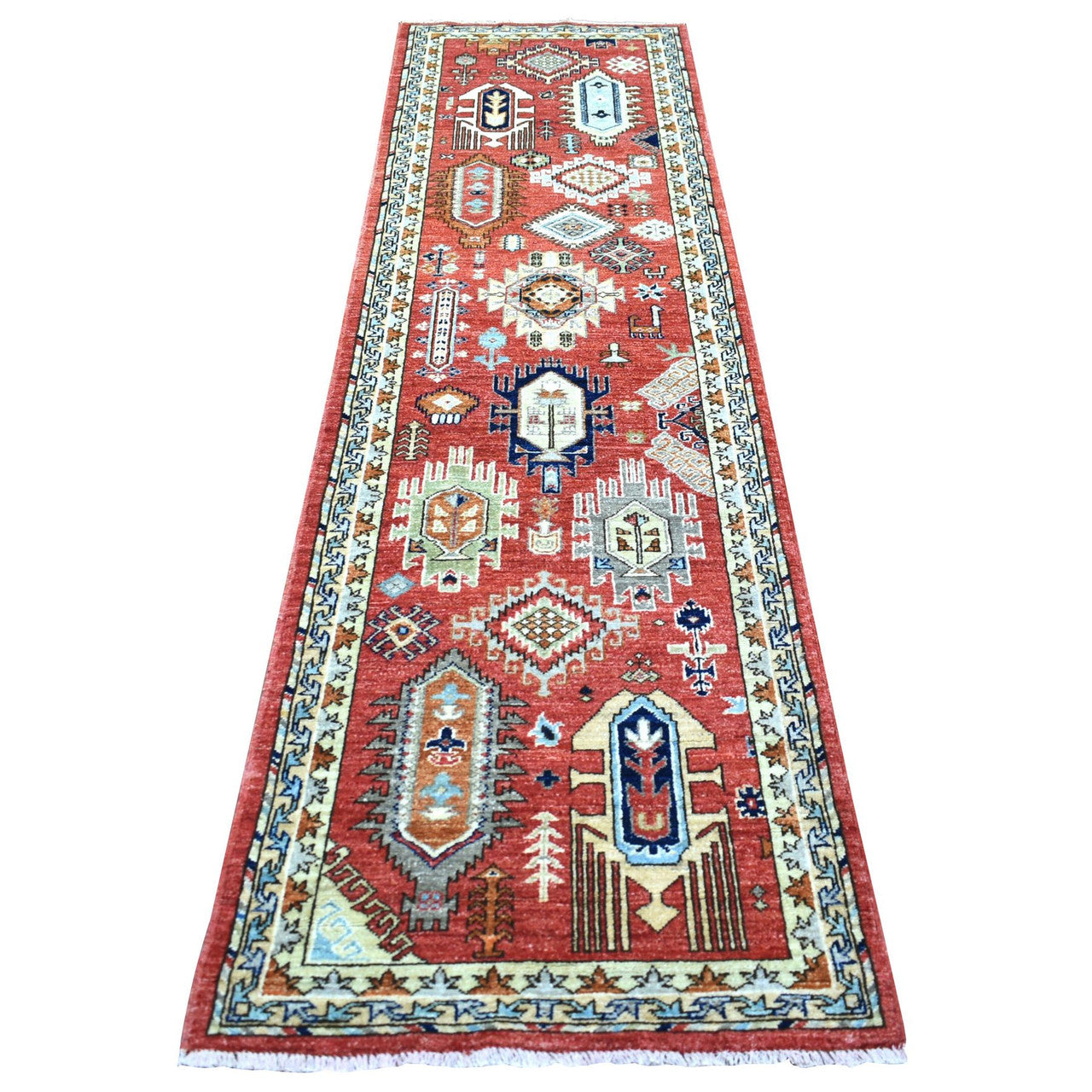 Red 2'8" x 9'8" Tribal & Geometric Hand knotted Wool Rug - Sku: O072259