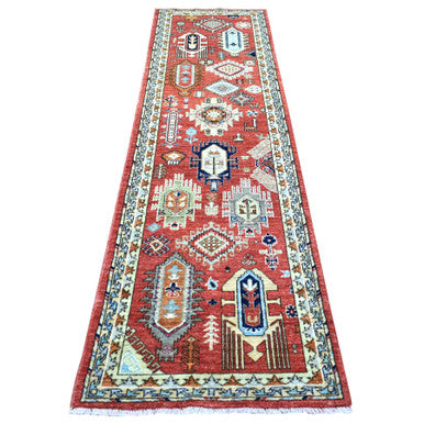 Tribal & Geometric Wool Hand Knotted Rug Red Yellow 2.8X9.8 -O072259