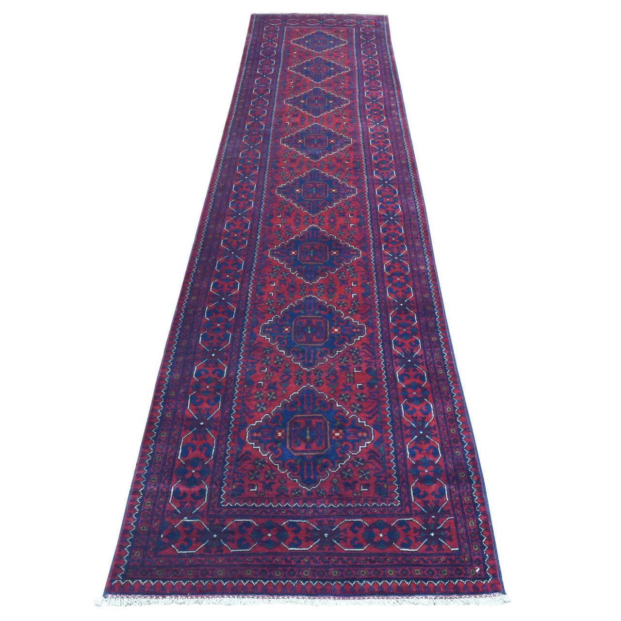 Red 2'8" x 12'10" Tribal & Geometric Hand knotted Wool Rug - Sku: O072341