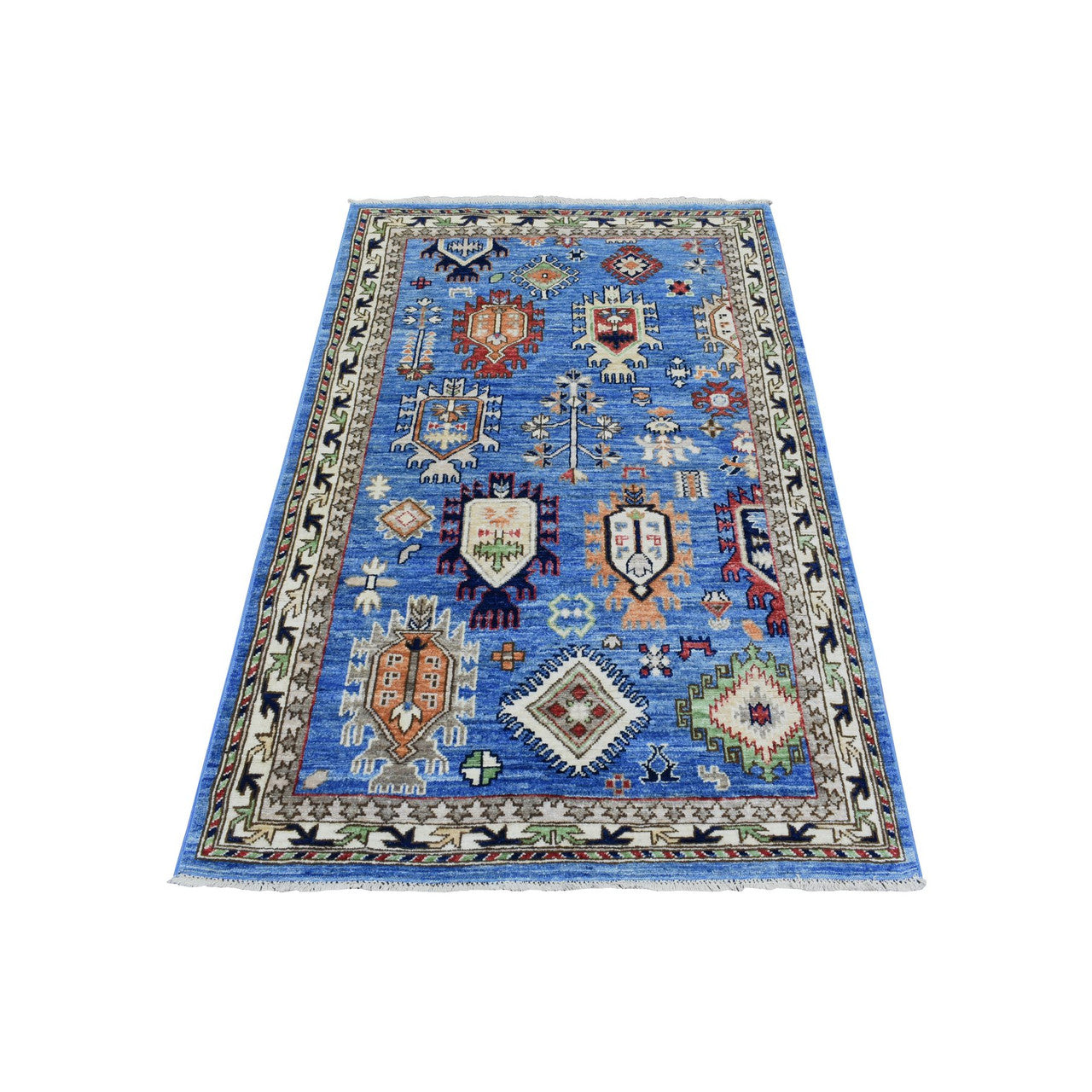 Tribal & Geometric Wool Hand Knotted Rug Blue Ivory 3.7X5.4 -O072413