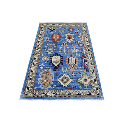 Tribal & Geometric Wool Hand Knotted Rug Blue Ivory 3.7X5.4 -O072413