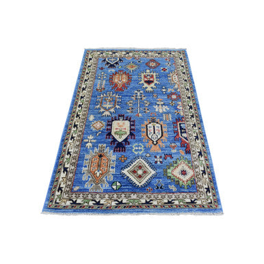 Tribal & Geometric Wool Hand Knotted Rug Blue Ivory 3.7X5.4 -O072413