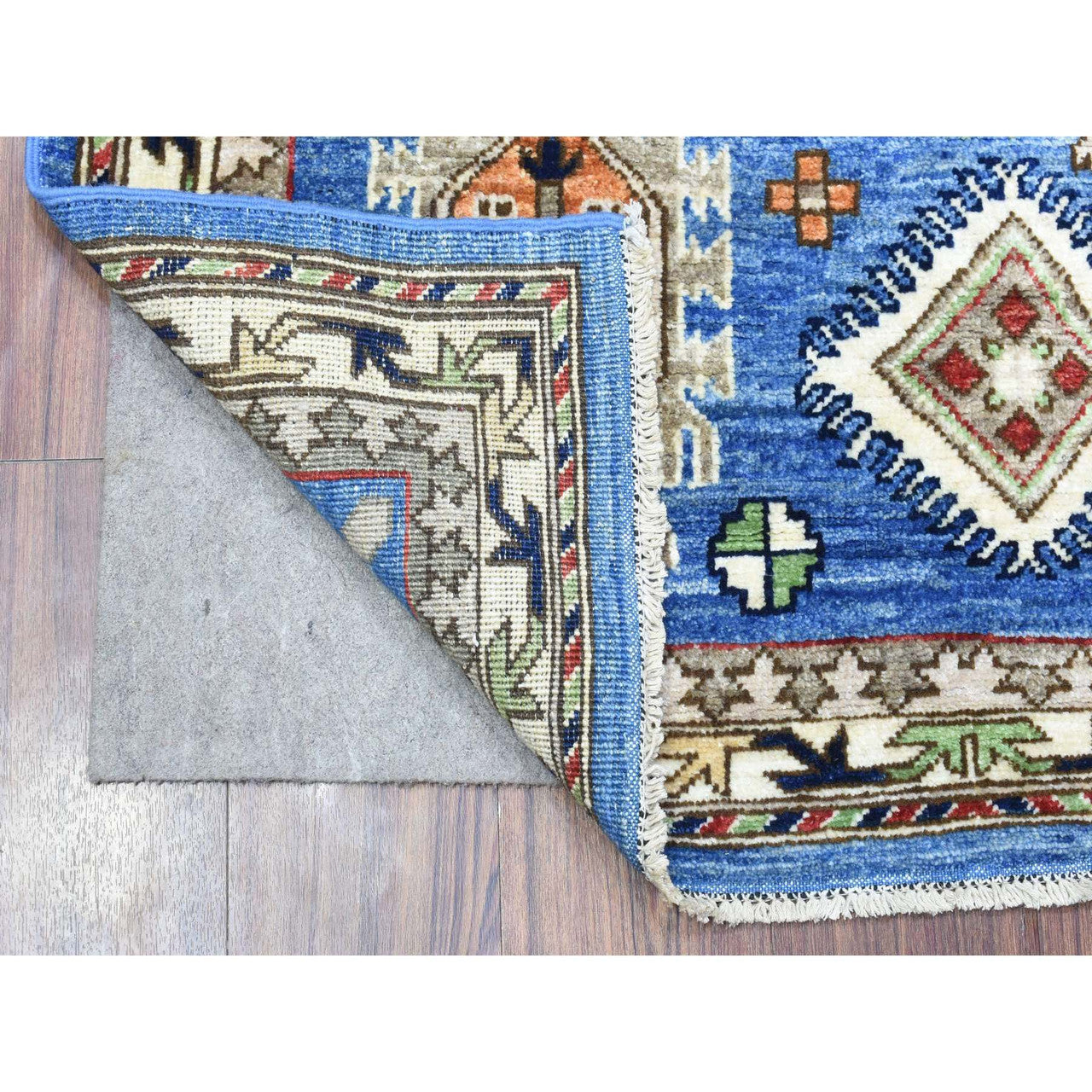 Tribal & Geometric Wool Hand Knotted Rug Blue Ivory 3.7X5.4 -O072413