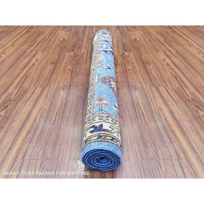 Tribal & Geometric Wool Hand Knotted Rug Blue Ivory 3.7X5.4 -O072413