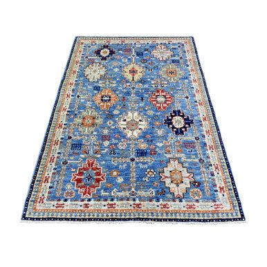 Tribal & Geometric Wool Hand Knotted Rug Blue Ivory 4.0X5.10 -O072415