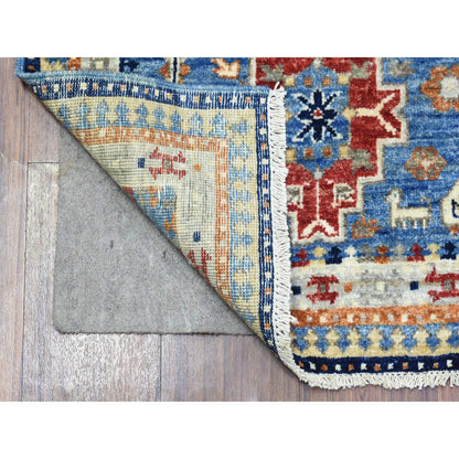 Tribal & Geometric Wool Hand Knotted Rug Blue Ivory 4.0X5.10 -O072415