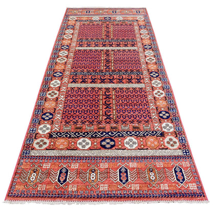 Tribal & Geometric Wool Hand Knotted Rug Red Orange 4.0X9.8 -O072416