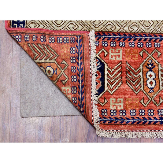 Tribal & Geometric Wool Hand Knotted Rug Red Orange 4.0X9.8 -O072416
