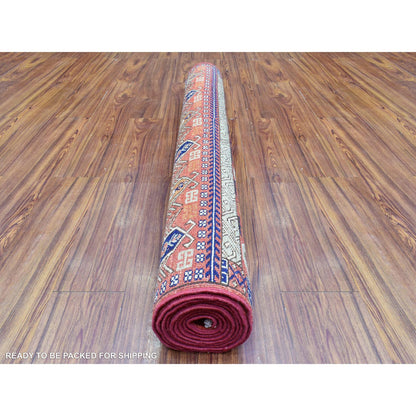 Tribal & Geometric Wool Hand Knotted Rug Red Orange 4.0X9.8 -O072416