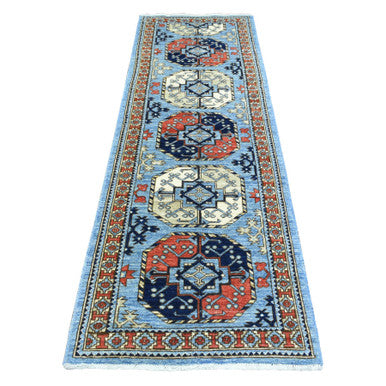 Tribal & Geometric Wool Hand Knotted Rug Blue Light Blue 2.8X8.0 -O072432