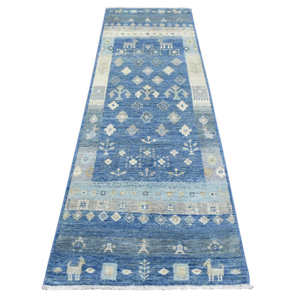 Tribal & Geometric Wool Hand Knotted Rug Blue No Border 2.7X8.4 -O072449