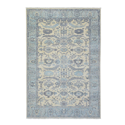 Oushak And Peshawar Wool Hand Knotted Rug Ivory Blue 6.1X9.0 -O072536