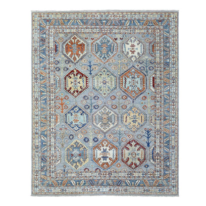 Tribal & Geometric Wool Hand Knotted Rug Grey Light Blue 7.10X9.6 -O072577