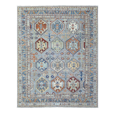 Tribal & Geometric Wool Hand Knotted Rug Grey Light Blue 7.10X9.6 -O072577