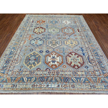 Tribal & Geometric Wool Hand Knotted Rug Grey Light Blue 7.10X9.6 -O072577