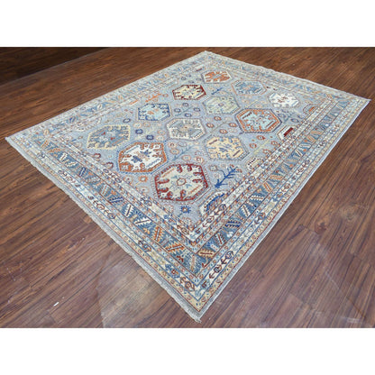 Tribal & Geometric Wool Hand Knotted Rug Grey Light Blue 7.10X9.6 -O072577