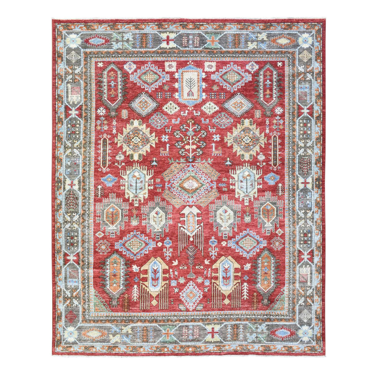 Red 8'0" x 9'7" Tribal & Geometric Hand knotted Wool Rug - Sku: O072623